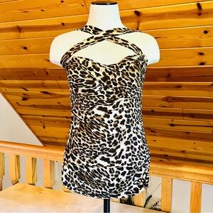 Women's Leopard Print Sleeveless Ruched Sweetheart Neckline 90s Style Top Size M